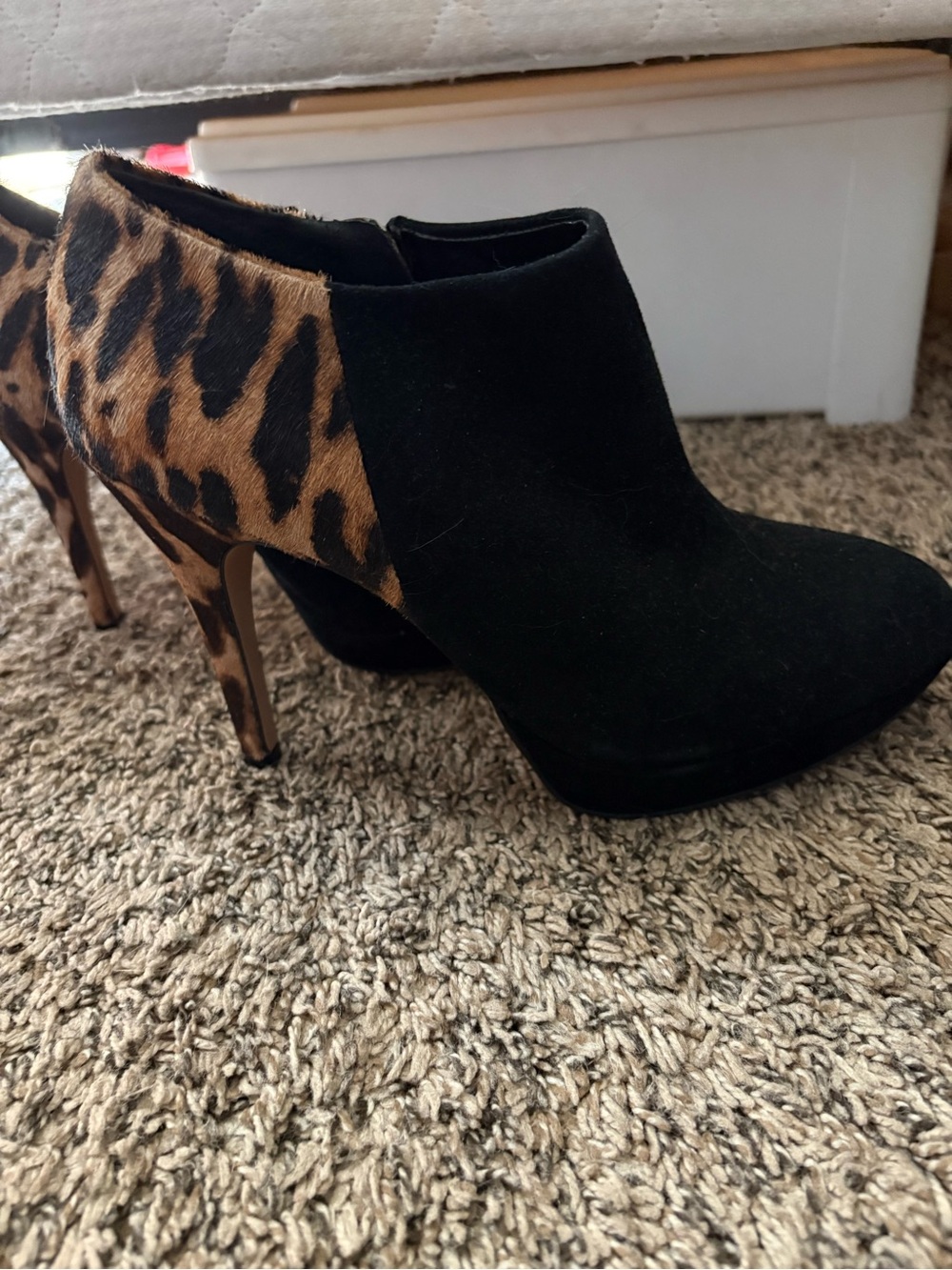 Vince Camuto Black Suede Ankle Booties with Leopard-Print Heel